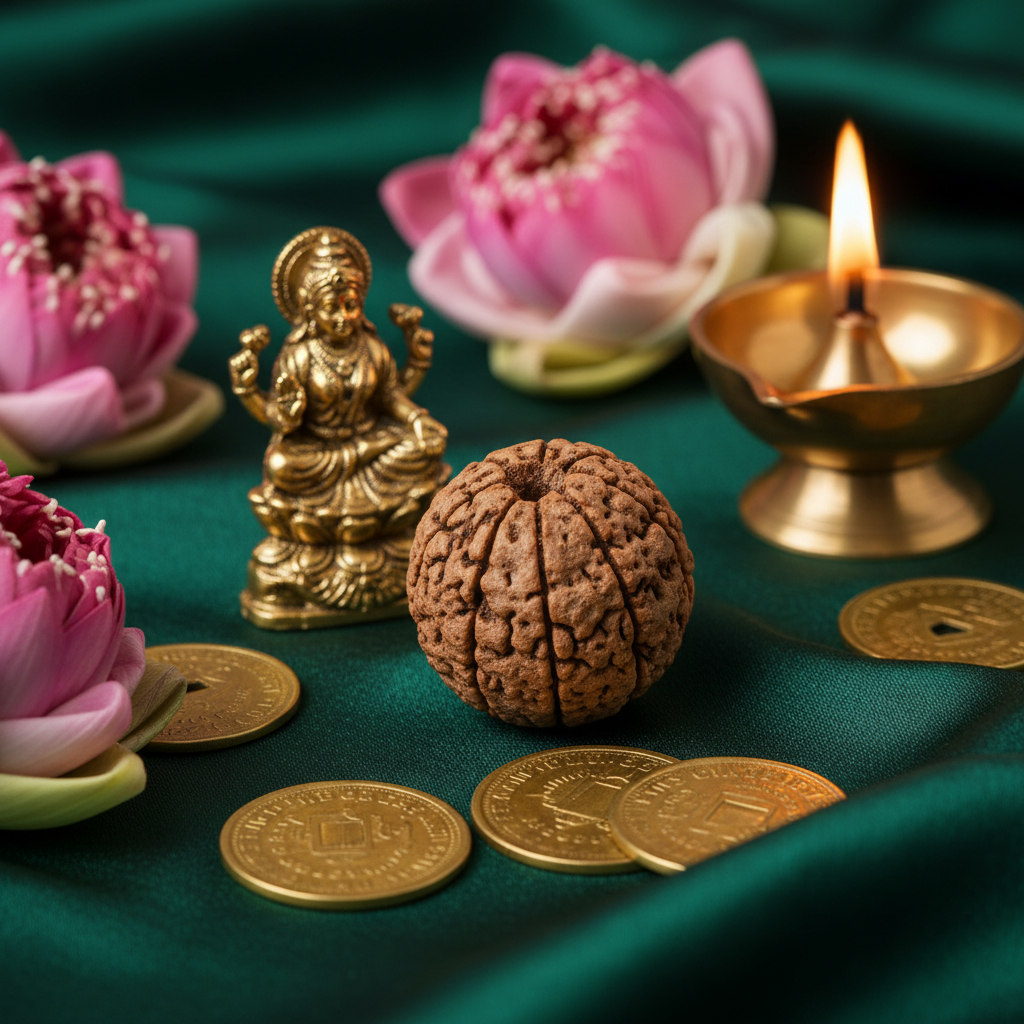 7 Mukhi Rudraksha bead on green silk with Lakshmi idol and gold coins