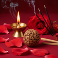 3 Mukhi Rudraksha bead on red cloth with Agni lamp and red flowers
