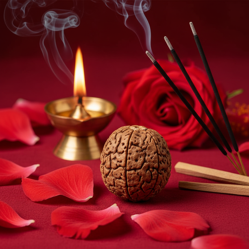 3 Mukhi Rudraksha bead on red cloth with Agni lamp and red flowers