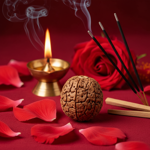 3 Mukhi Rudraksha bead on red cloth with Agni lamp and red flowers