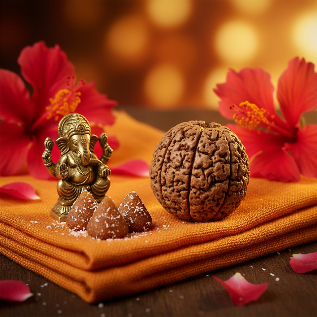 8 Mukhi Rudraksha bead on saffron cloth with Ganesha idol and modak