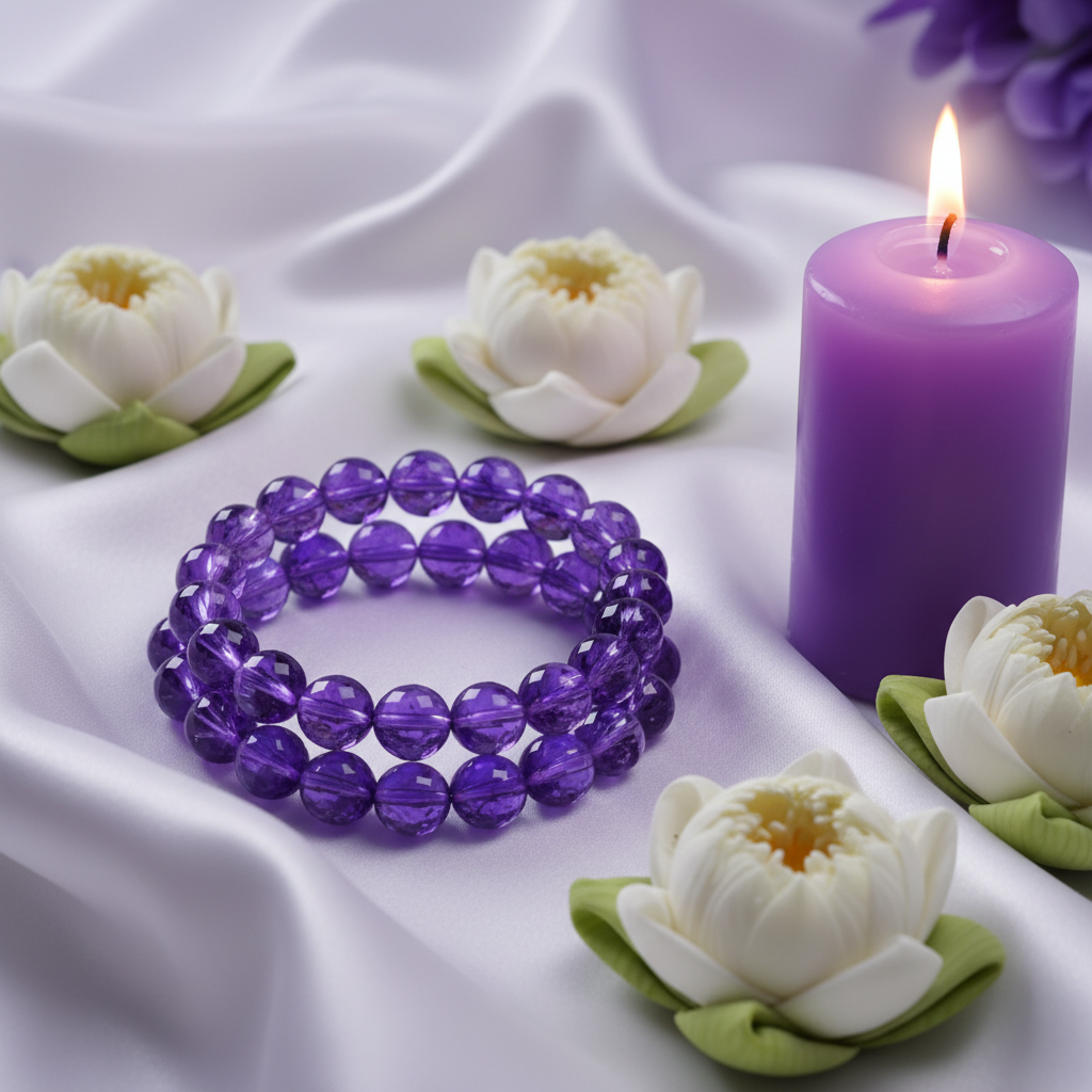 Crown Chakra Amethyst bracelet on white silk with lotus flowers