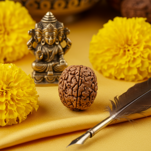 4 Mukhi Rudraksha bead on yellow silk with Brahma idol and marigolds