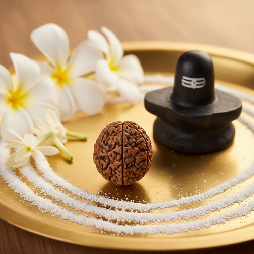 1 Mukhi Rudraksha bead on golden plate with Shiva lingam